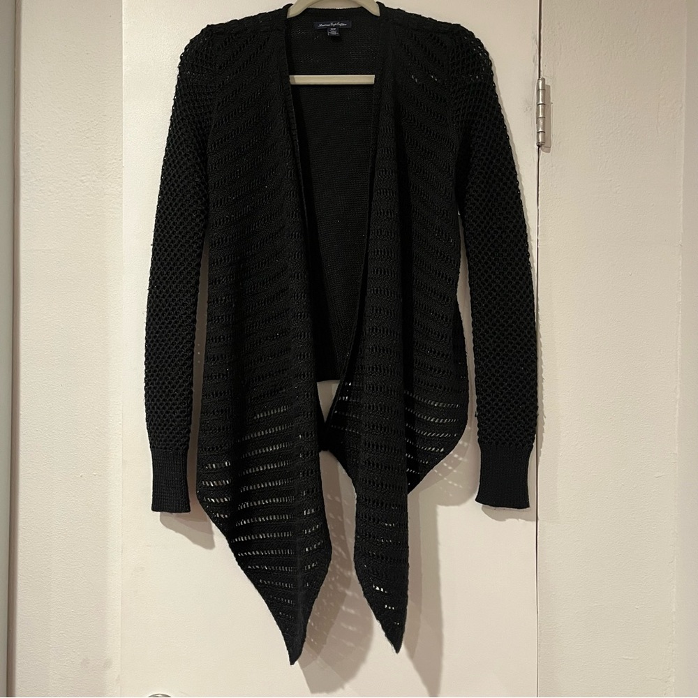 American Eagle Outfitters Shimmery Black Open-Knit Asymmetric Waterfall Cardigan